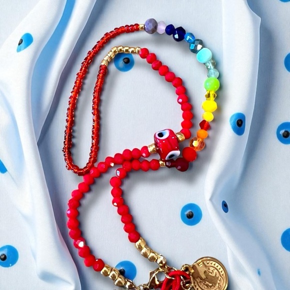 Vibrant Red Hand Beaded Rainbow and Evil Eye Protection Necklace 16” - Picture 9 of 17
